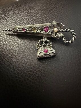 Vintage Umbrella Parasol Brooch with Hanging Purse Charm